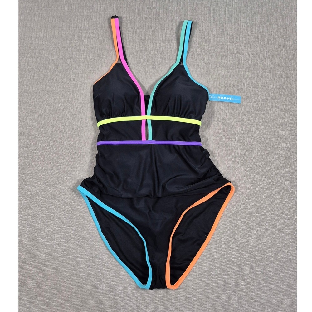 Popvil Womens XL One Piece Swimsuit Neon Colorblock Tummy Control Black New